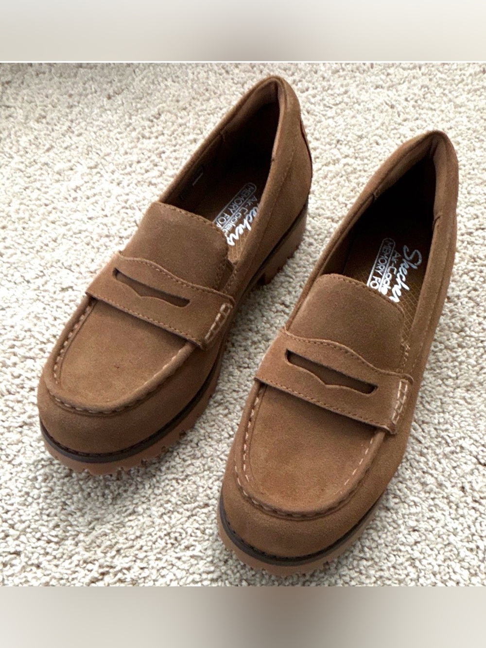 Skechers Women’s Tan Suede Air Cooled Memory Foam Penny Loafers —Slip-On